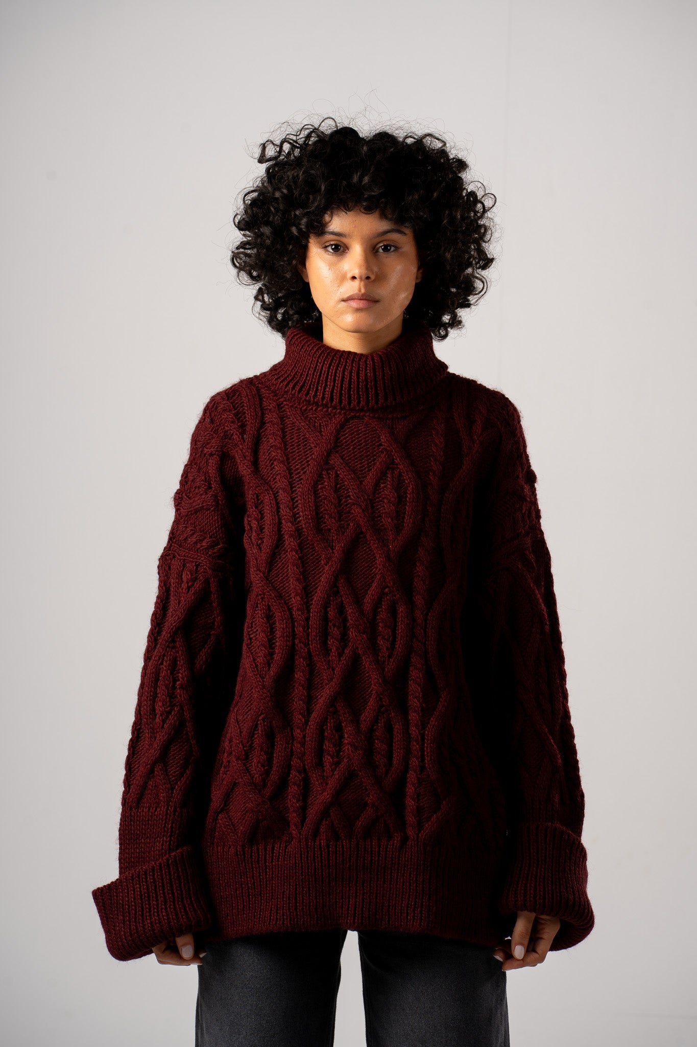 Burgundy Chunky Mock Neck Cable Pullover